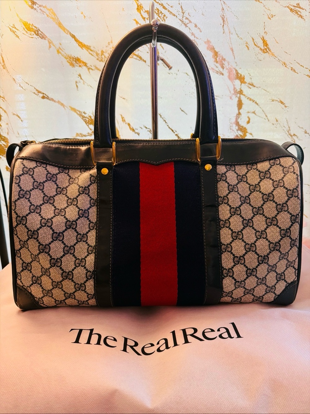 Gucci Navy GG Canvas Travel Boston Bag with Red & Navy Stripe